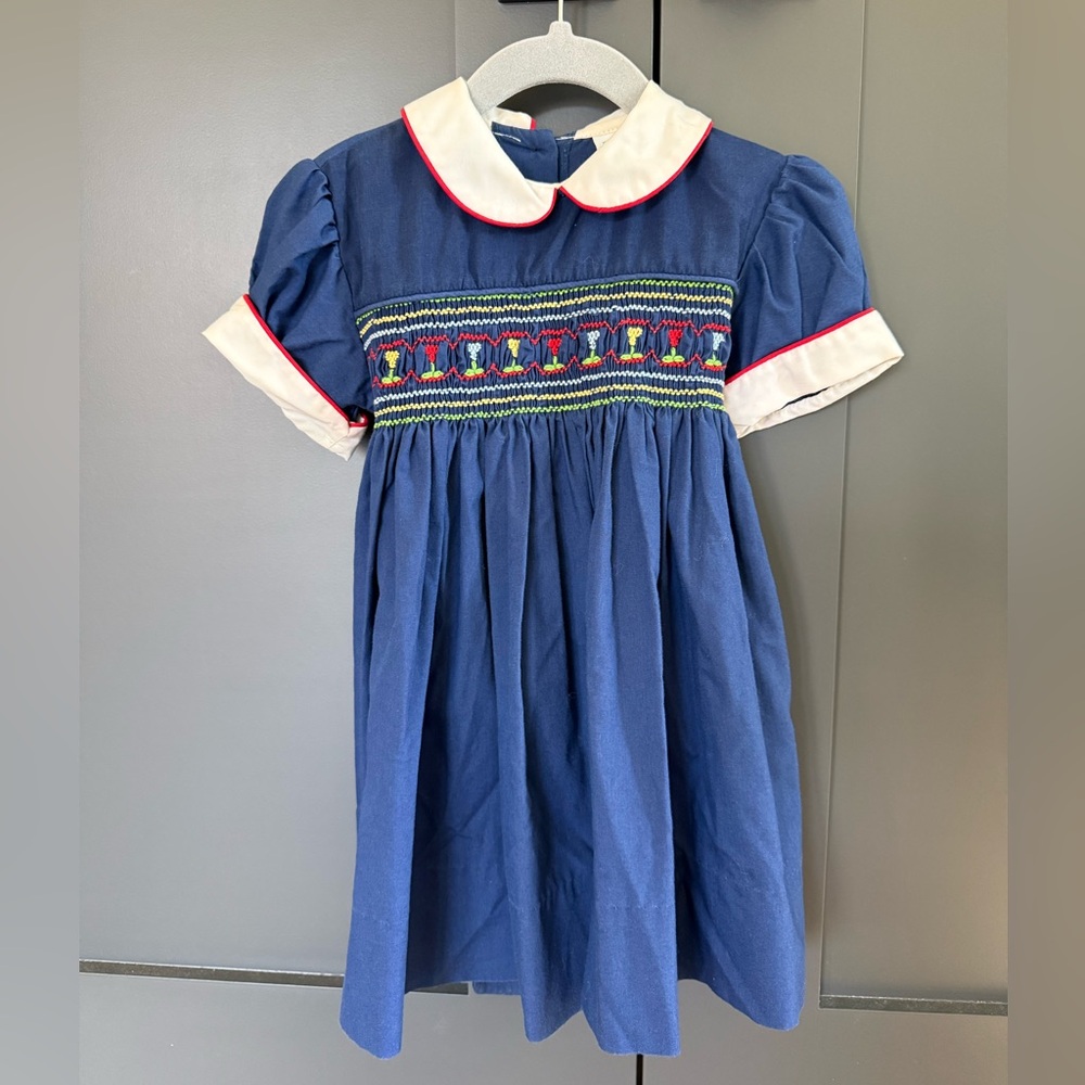 Vintage Hand Smocked by Imperial Navy Dress with Peter Pan Neckline